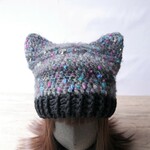 ふわふわモヘアのねこニット帽＊ブラック＊