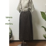 ＊ブラウンのリネン　巻きスカート風サスペンダースカート