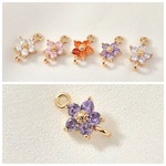 【2個入】キラキラ　小さな花パーツ　ラインストーン　銅メッキ18k高品質　丸カン二つ　紫　H005M