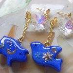 ◇403　冬の星空🐷青い小鳥とこぶたと六花のピアス🐦
