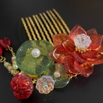 硝子花のかんざし　金箔風紅蓮のヘアコーム　
