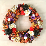 No.wreath-15237★ハロウィンリース　20-(25)  スパイダーパンプキン&レターピック　(秋のリース) 42cm・アートフラワー/造花リース/大型リース