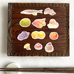 水彩画 秋の味覚シール11枚（サンマ、栗、柿、銀杏、モンブラン、梨、ぶどう、桃、焼き芋、きのこ、かぼちゃフレークシール／シール帳にも
