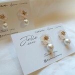 すりガラスフラワー コットンパール ピアス イヤリング