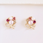 【花束モチーフ】ビジューとリボンのピアス/イヤリング