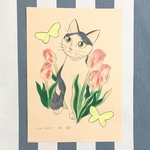 A4原画（148）【春待ち猫とチューリップのイラスト】春 春色 絵 絵画 アート 手描き イラスト 猫