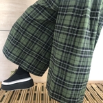 すっきりゆったり◆秋カラー◆グリーンチェック柄◆ガウチョパンツ
