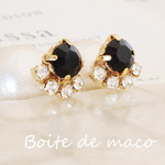 ビジュー＆パールキャッチピアス（BLACK）