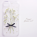 ＊赤リボンかすみ草の押し花スマホケース＊
