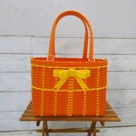 ビタミンオレンジカラーのダブルリボンのクラフトかごバッグ（MS）ひまわりカラーリボン