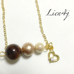 14KGF シャンパンゴールドのコットンパールと天然石タイガーアイのネックレス★ハートのジルコニア