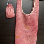 正絹お着物リメイク　ピンクに虹色のお花模様　ハンドメイドエコバッグ