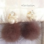 ミンクファービジューピアス・イヤリング/ブラウン×クリスタル