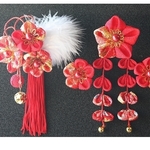 再販×6＊ファー＊花鈴付き唐打ち赤パール＊かんざし＊七五三＊髪飾り＊お正月＊卒園＊