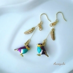 仲良しバードと羽根の揺れるピアス(パール×ブルー・春・小鳥・つばめ・大人可愛い・上品・ジルコニア・大人可愛い・鳥) 