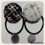 ツイード、ファーボール付き くるみボタンヘアゴム ⑥