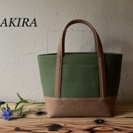 [受注製作] 中型サイズ　トートバッグ　カーキ色帆布x薄茶デニム