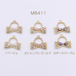 M6411-3  6個  メタルチャーム リボン パール＆石付き 1カン 21×22mm ゴールド  3×【2ヶ】 
