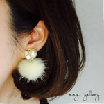 秋冬♡やわらかミルクティー色ミンクファーのイヤーカフorピアスset♡コットンパール・オーロラストーンビジュー♡