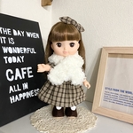 ブラウンチェックのネックレス風ワンピース&モコモコマフラー&靴の冬コーデセット ＊メルちゃん ソランちゃんの服＊