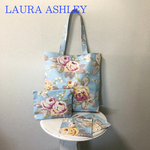 お試し価格★LAURA ASHLEY A4トートバッグ・ポーチセット バラ柄サックスブルー