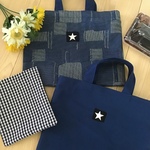 【再6】コンビニバッグ本日お買い得⭐️22×30×13 大きなまちあり⭐️ ちょっとお買い物、辞書バッグ、お弁当バッグにデニムに星2種(収納袋付)