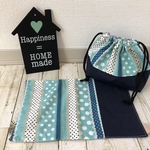 #16 【2点セット】入園準備に！お弁当袋&ランチョンマット ✳︎レーシードットボーダー　ブルー