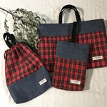三点セット●キルティング大きめレッスンバッグ＆シューズバッグ&体操着袋  赤チェック×リアルデニム