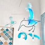 【青い鳥】ヒスイ色の歌声 3羽の  鳥 モビール  北欧テイスト シンプル フェザー インテリア BlueBird 幸せの青い鳥