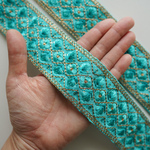 【1m】インド刺繍テープ　シルク　小花スカイブルー