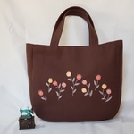 ピンク小花手刺繍くったりトートバッグ(モカブラウン)