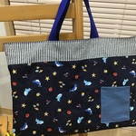 【再1】25×30⭐️25×35⭐️30×40❤️ミニポケット付ネイビー&ヒッコリー 海の生き物お魚たちのシンプルレッスンバッグ⭐️男の子⭐️