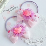 キッズリボンヘアゴム＊ハートとフラワーモチーフのいちごチェックリボン(ラベンダーピンク)
