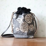 岡山デニム*ウール刺繍**巾着バッグ*秋冬*ショルダー