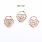 M6691 6個 高品質ジルコニアチャーム ハートロック 11×14mm ゴールド 3×【2ヶ】