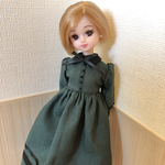 リカちゃん　衿付きロングワンピース　深緑