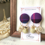 【2way・Large】くるみボタンとゴールドのバブルピアス/イヤリング◇チェック柄 Purple/14kgf有り