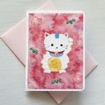 🐱透明水彩画　2枚セット「招き猫」イラストミニメッセージカード バースデーカード   縁起物　ネコ　お正月　金運　お年賀　年賀状🐱