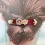 バレッタ　花　フラワー　ヘアアクセサリー　パール　ピンク　秋　ボルドー　ベロア　レトロ　アンティークボタン　冬