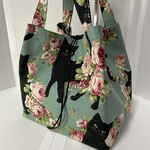 コンパクトエコバッグ(ねこと薔薇柄　ブルーグリーン)