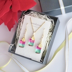 【送料無料】405.coffret 〜colors〜 グラデーションガラス　ネックレス ピアスセット　ピンク　グリーン