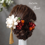 オリジナルソラフラワー　オレンジレッド振袖　成人式　ヘアドレス　ヘアパーツ　プリザーブドフラワー　ドライフラワーフラワー