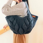 冬♡毛糸のリーフ模様バッグ（大きめサイズ）♡内布&マグネットボタン付♢グレー【受注製作】