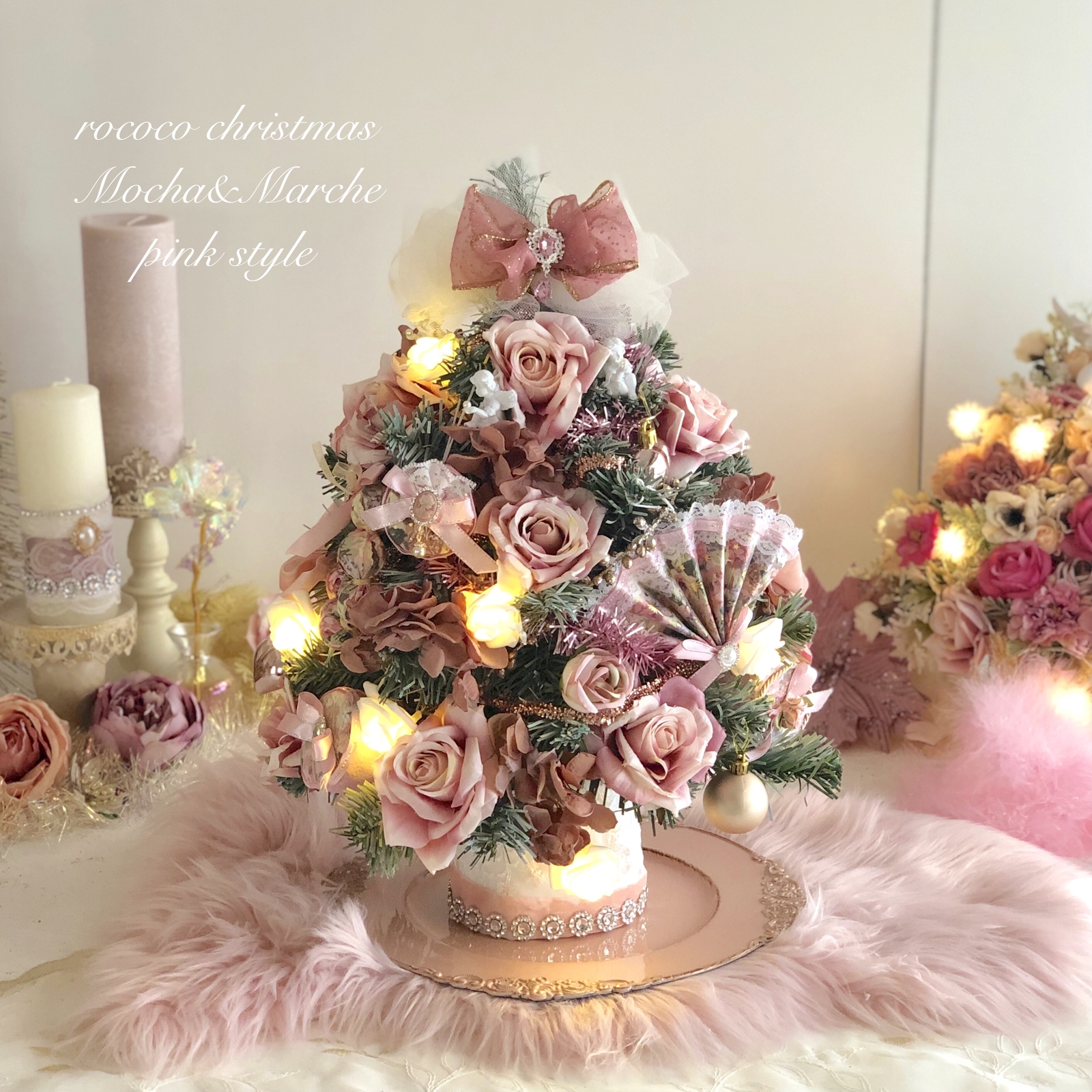 クレイフラワー♡ロココ調リボン台にピンクのポインセチア♡クリスマス♡ハンドメイド ロココスタイル クリスマスツリー - モカ&マルシェ | minne byGMO