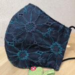 Ｍ小さめ 刺繍 マーガレット レース 濃紺 グリーン マスク／花柄 大人 女性 秋冬 冬　マスク