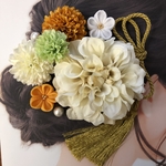   【成人式】【結婚式】ダリアとマム　つまみ細工の髪飾りセット(クリームホワイト)