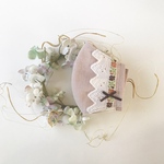💓 イエローベージュコットンと国産ダブルガーゼで作った立体マスク  キナリコットンレース&ローズ柄チロリアンリボン   プチダークチョコリボン    ポケットタイプ