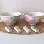 大人気【ペア】パステルダリアのお茶碗&箸置きセット