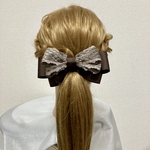 チョコレート色の大人可愛いヘアリボンポニーフック　ダイヤ柄のベロアリボン