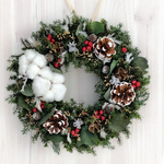 クリスマスリースM　ユーカリ　綿の実　クリスマスプレゼント　　プリザーブドフラワー　ウェディング　結婚祝い　両親贈呈　プレゼント　木の実　バクリ